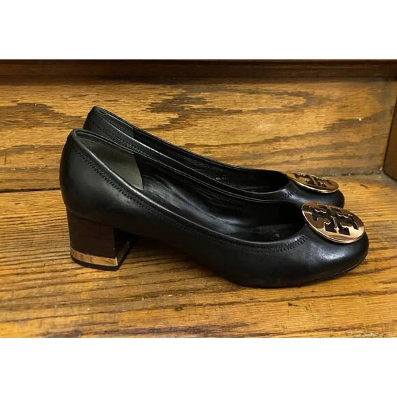 Tory Burch Amy Logo Pump Heels Shoes Womens Size 8.5M Black Leather Slip On - Picture 3 of 11